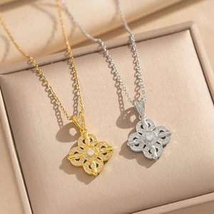 Flower Cross Pendant Necklace Copper Cubic Zirconia Gold Plated Vintage Light Luxury Clavicle Chain Jewelry For Women