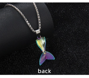 Detailed back view of colorful stainless steel fishtail pendant on silver box chain