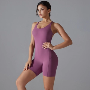 Mauve high-elasticity yoga bodysuit featuring U-neck and bodycon shaping shorts