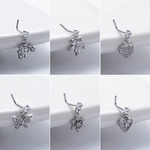 Set of 6 silver L-shaped nose studs with crystal pendants like tree of life and butterfly