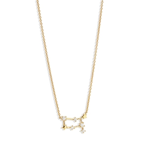 Detail of gold zodiac pendant with white crystals and star accents on S925 silver chain