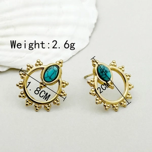 Elegant gold-plated titanium steel earrings with turquoise stones on white shell
