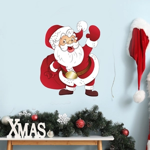Sticker mural Père Noël dessin animé avec sac cadeau sur fond de mur bleu clair