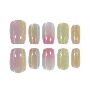 Rainbow cat eye press-on nails with multi-color gradient shimmer finish and 10 pieces set