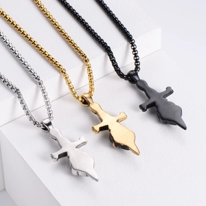 Three sword-shaped pendant necklaces in silver, gold, and black stainless steel colors