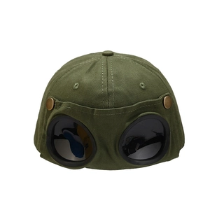 Army green pilot baseball cap with integrated black goggles and metal studs on front