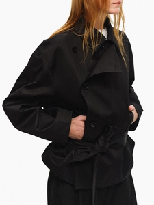 Short black double-breasted trench coat with waist belt and turn-down collar for women