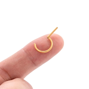 Detail of a small gold G23 titanium nose ring on a finger to show actual scale
