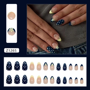 French almond press-on nails with cream polka dots and blue stars, 24-piece nail kit