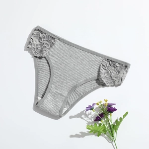 Light grey ribbed cotton panties with side lace trim and low-waist breathable design