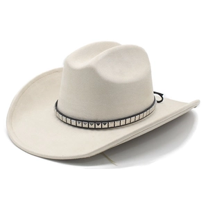 Classic beige suede cowboy hat with wide brim and studded leather band decoration