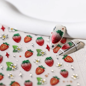 Stickers ongles 3D motif fraises et marguerites avec paillettes dorées brillantes