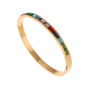 Elegant gold titanium steel bracelet with a gradient of rainbow gemstones on white background