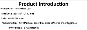 Specifications of the LED crescent moon lamp with dimensions 10x10x17cm and AA battery power