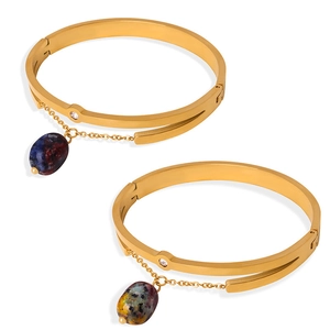 Gold-plated titanium steel double-layer bracelet with zircon and natural stone pendants
