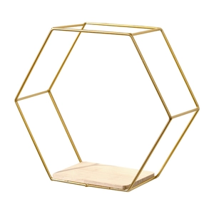 Modern gold hexagonal wall shelf with wooden base for minimalist home decor display