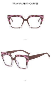 Detailed front and side view of square oversized frames in transparent and coffee patterns