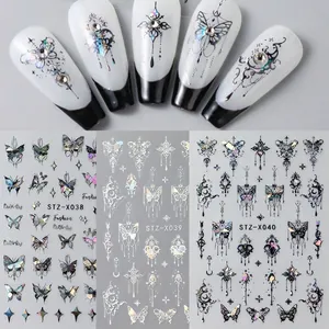 3D laser silver butterfly nail stickers with holographic chrome designs for manicure