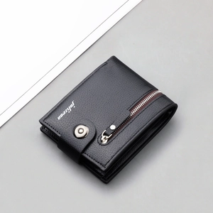 Men's black bifold wallet with magnetic buckle and lychee leather texture for business