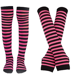 Detail of pink and black striped thigh-high knit socks and matching leg warmers