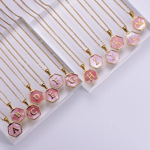 18k gold plated hexagonal initial necklaces with pink mother of pearl for women