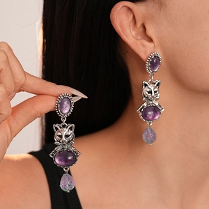 Vintage silver cat earrings featuring purple crystal oval stud and teardrop bead charm
