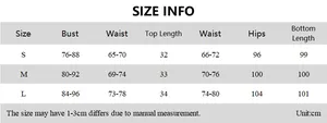 Detailed size chart for the women's slim fit camisole and bodycon skirt two-piece set