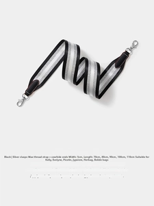 Detail of 5cm black and white striped woven strap with silver metal buckles for handbags