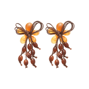Retro orange resin flower earrings with dark brown tassels and silver needles style