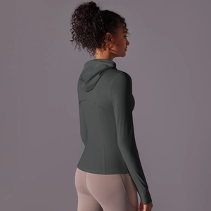 Detail of slim fit dark gray outdoor sun protection hoodie with reinforced back stitching