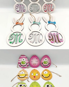 Detailed view of Easter wooden bunny pendants and cartoon egg charms with hemp ropes