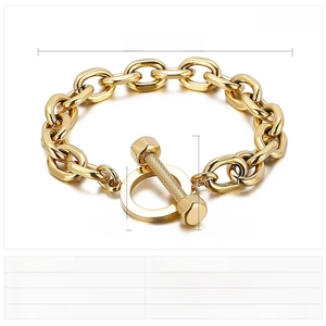 Detailed view of gold stainless steel chunky chain bracelet with OT toggle clasp and measurements