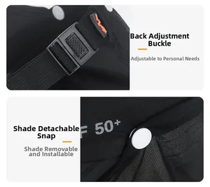 Detail of adjustable back buckle and UPF 50+ sun protection mark on outdoor hat