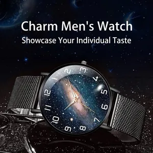 Men's luminous quartz watch featuring starry sky dial and black mesh metal strap