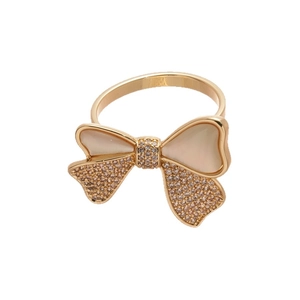 14k gold plated bow and flower open ring with sparkling cubic zirconia on white background