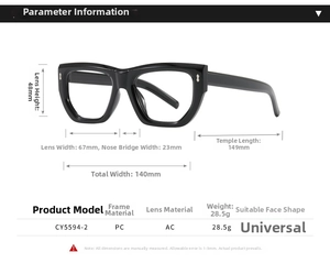Detailed size chart showing frame dimensions and specifications for retro glasses