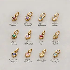 Golden titanium steel heart pendants with twelve colorful birthstones for jewelry diy