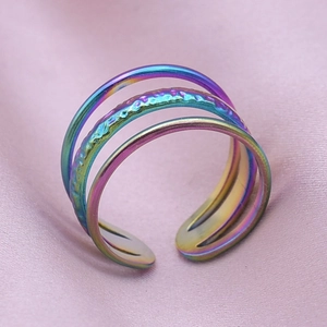 Detailed macro view of triple-layered rainbow titanium ring with hammered texture
