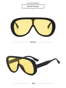 Front and side views of oversized shield sunglasses with black frame and yellow lenses