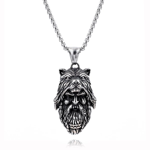 Vintage silver Viking warrior wolf pendant necklace in stainless steel on white background