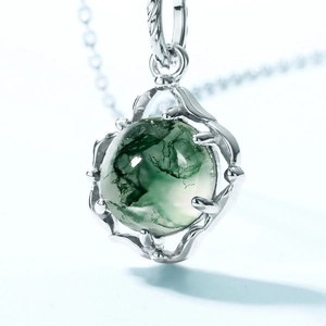Elegant S925 silver necklace with spherical moss agate pendant and natural green textures