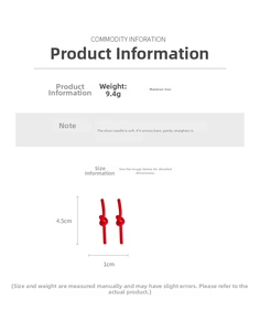 Detail specifications for knotted red earrings showing 9.4g weight and 4.5cm length