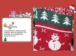 Close-up of a festive knitted Christmas stocking featuring a snowman and tree pattern