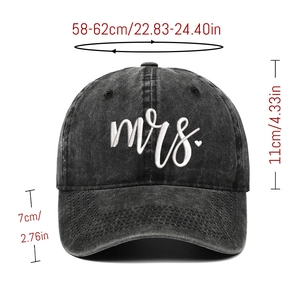 Detail of Mrs. embroidery on washed black vintage cotton baseball cap with sizing info