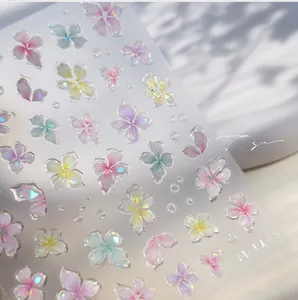 Détail macro de stickers ongles fleurs 3D dégradé rose et bleu modèle aurora M-1175