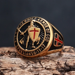Detail of knight shield ring with red cross and Bible verse Ephesians 6:13-17 engraving