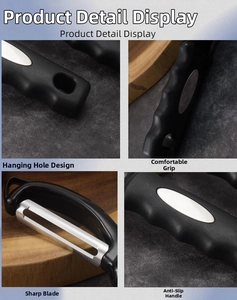 Macro detail of Y-shaped vegetable peeler with stainless steel blade and non-slip handle