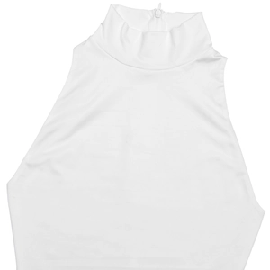 Detail of white sleeveless high-neck top with smooth elastic fabric and back zipper closure