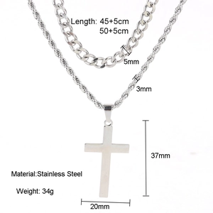Detailed size map of double layer stainless steel Cuban chain with cross pendant