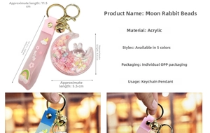 Detail of creative moon rabbit liquid keychain with colorful beads and a pink wish strap
